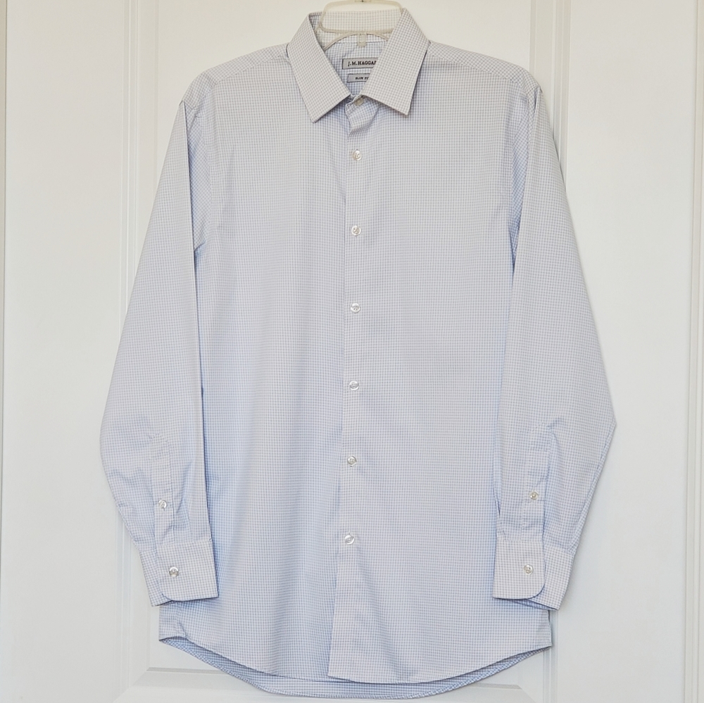 JM Haggar White & Blue Button-Down Slim Fit Shirt